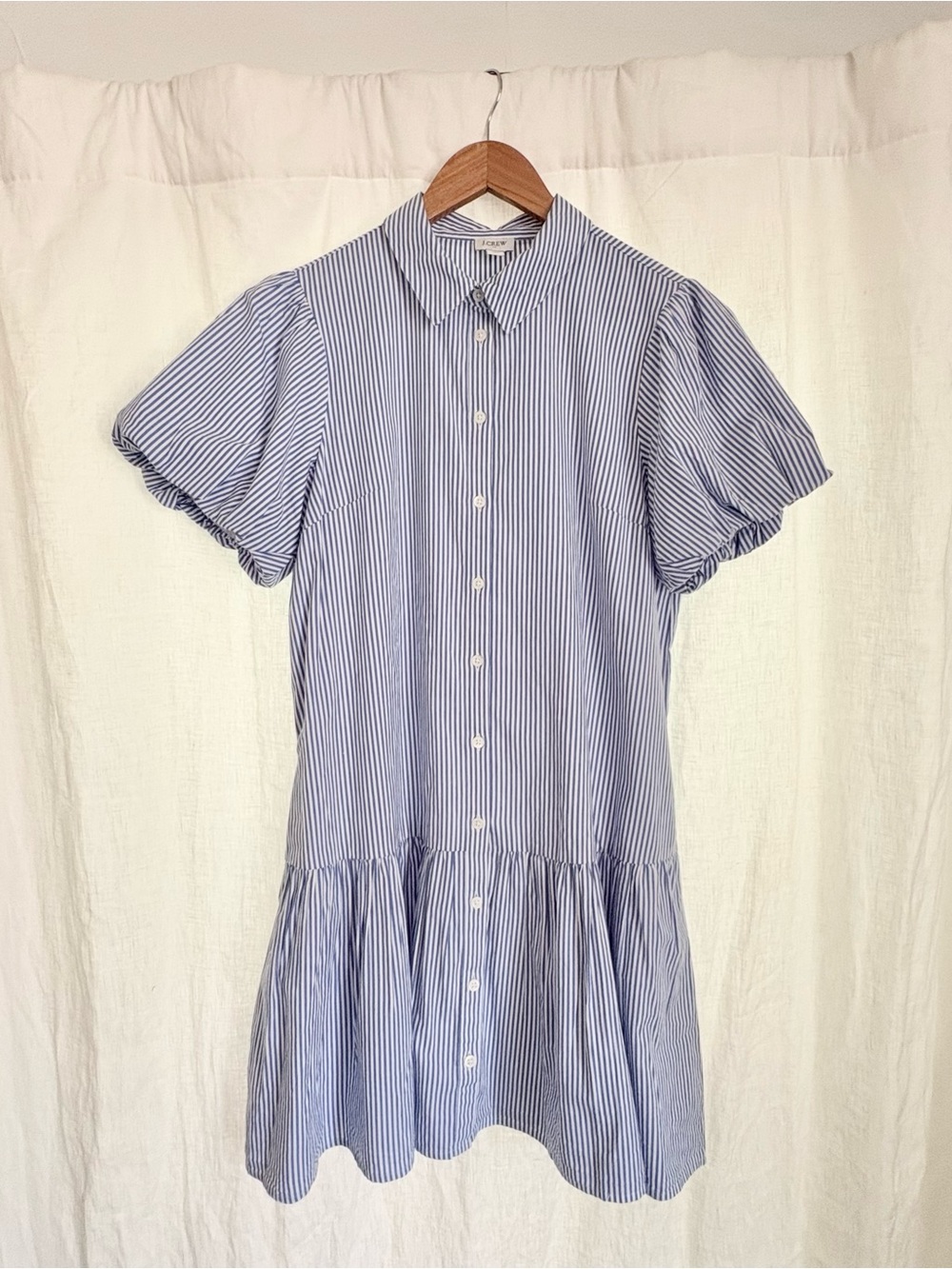 J. Crew Puffy Sleeve Blue/White Striped Knee Length Dress with Pockets Size 10